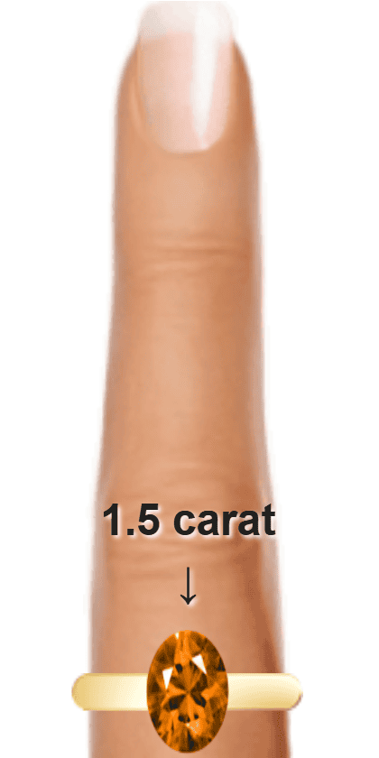 Orange 1.5 carat oval-cut Andesine on a ring and finger.