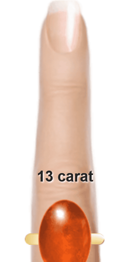 Orangey Red 13 carat cabochon-cut Sunstone on a ring and finger.
