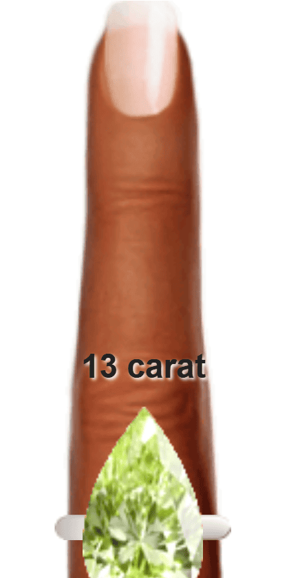 Light Yellowish Green 13 carat pear-cut Diaspore on a ring and finger.