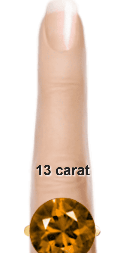 Brown 13 carat round-cut Quartz on a ring and finger.