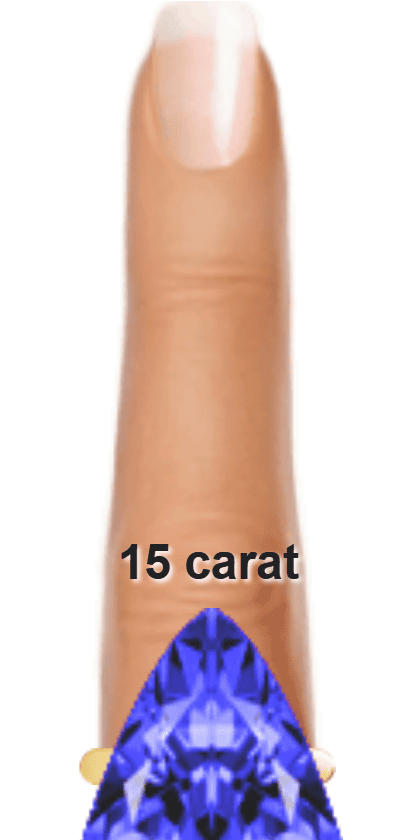 Blue 15 carat trillion-cut Tanzanite on a ring and finger.