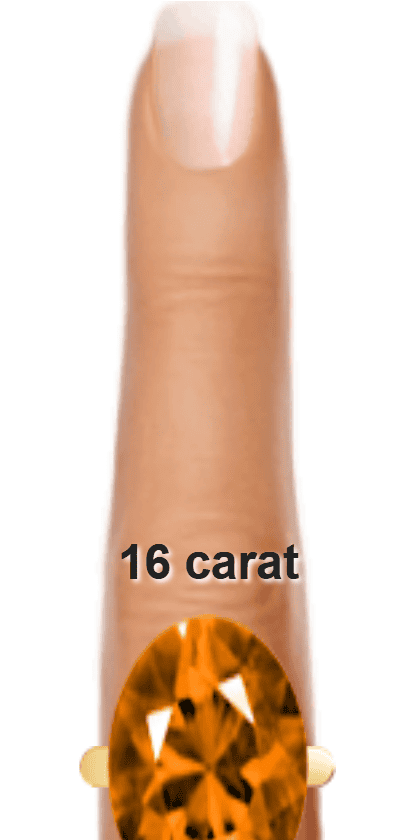 Orange 16 carat oval-cut Andesine on a ring and finger.