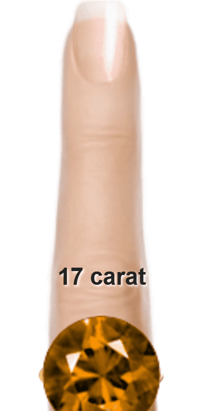 Brown 17 carat round-cut Quartz on a ring and finger.