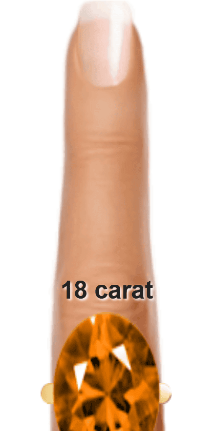 Orange 18 carat oval-cut Andesine on a ring and finger.