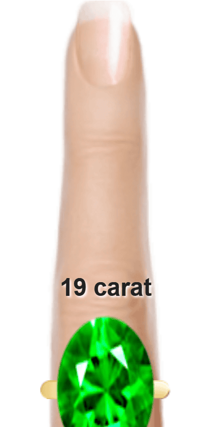 Green 19 carat oval-cut Tsavorite on a ring and finger.