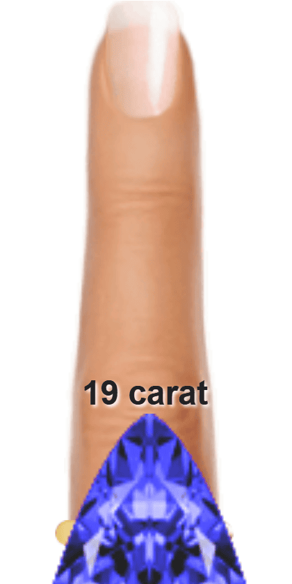 Blue 19 carat trillion-cut Tanzanite on a ring and finger.