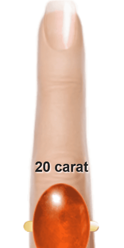 Orangey Red 20 carat cabochon-cut Sunstone on a ring and finger.