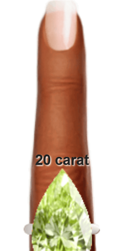 Light Yellowish Green 20 carat pear-cut Diaspore on a ring and finger.