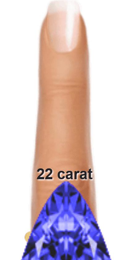 Blue 22 carat trillion-cut Tanzanite on a ring and finger.