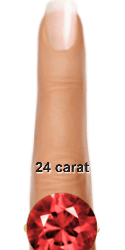 Red 24 carat round-cut Pyrope on a ring and finger.
