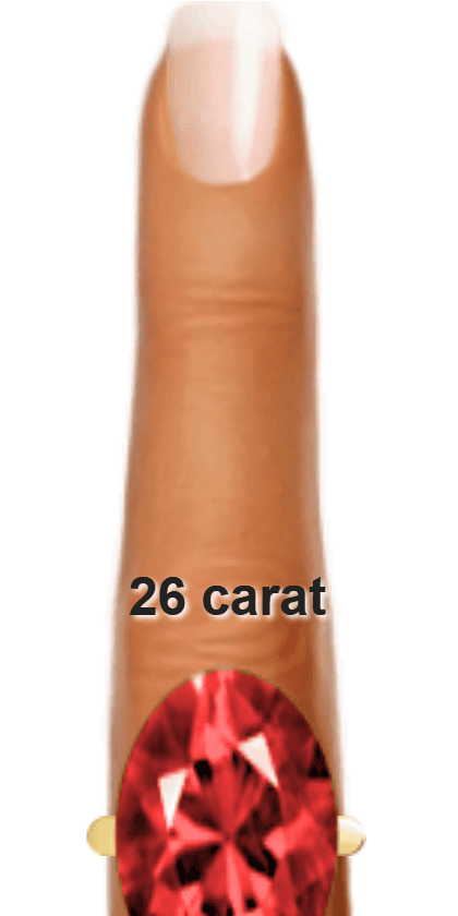 Red 26 carat oval-cut Ruby on a ring and finger.
