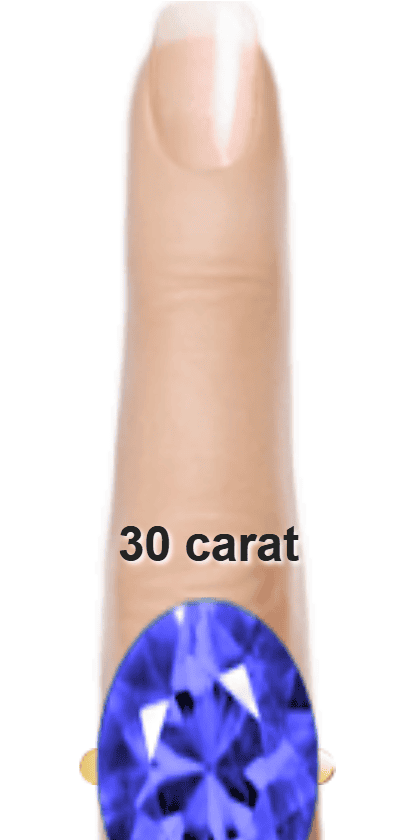 Blue 30 carat oval-cut Benitoite on a ring and finger.