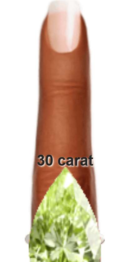 Light Yellowish Green 30 carat pear-cut Diaspore on a ring and finger.
