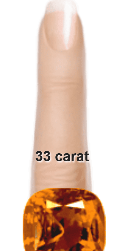 Orange 33 carat cushion-cut Beryl on a ring and finger.