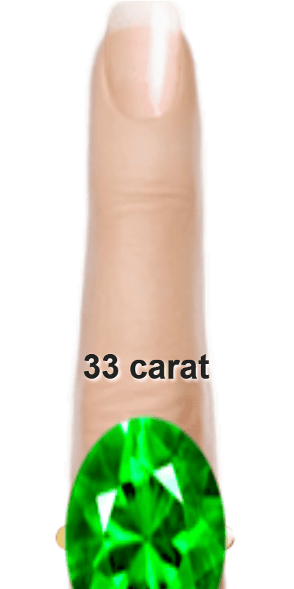 Green 33 carat oval-cut Tsavorite on a ring and finger.