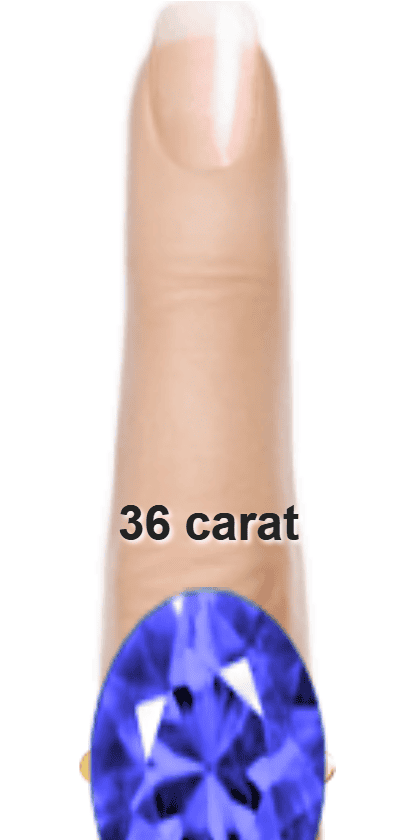 Blue 36 carat oval-cut Benitoite on a ring and finger.