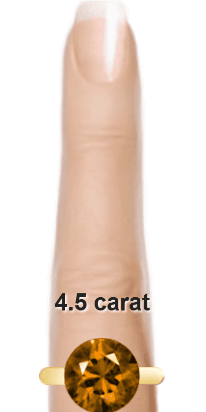 Brown 4.5 carat round-cut Quartz on a ring and finger.