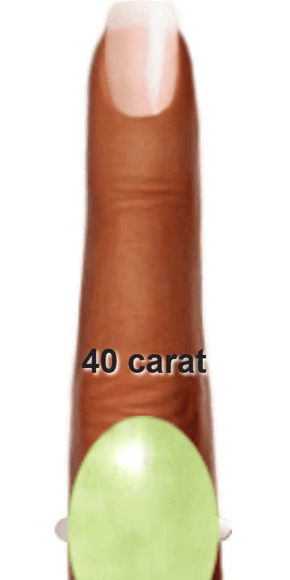 Light Yellowish Green 40 carat cabochon-cut Chrysoberyl on a ring and finger.