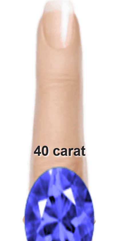 Blue 40 carat oval-cut Benitoite on a ring and finger.