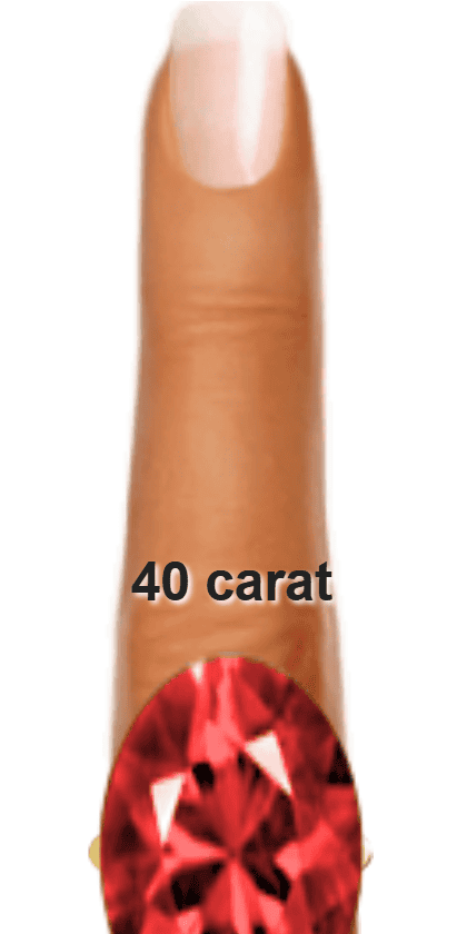 Red 40 carat oval-cut Ruby on a ring and finger.