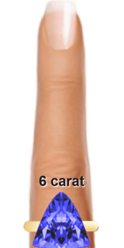 Blue 6 carat trillion-cut Tanzanite on a ring and finger.