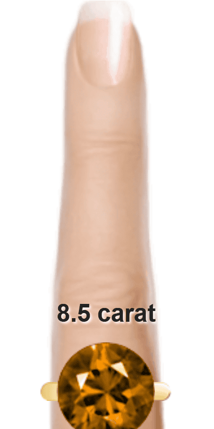 Brown 8.5 carat round-cut Quartz on a ring and finger.